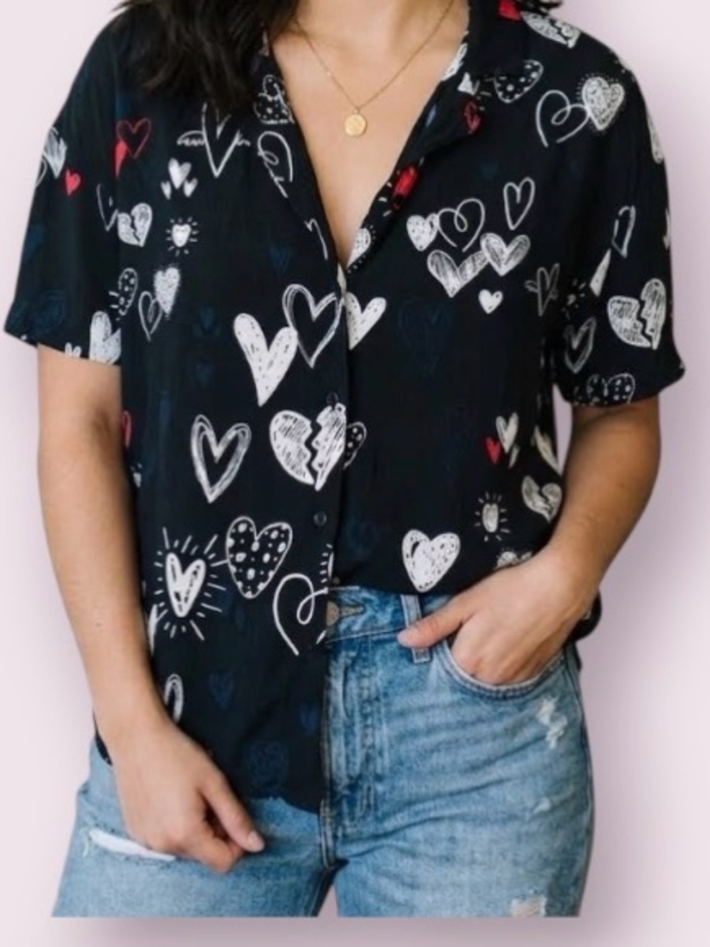 Zara Heart Print Trafaluc Collection Button Up Short Sleeve Top Black Size Small